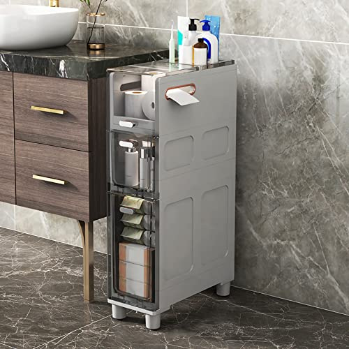 Mobile da bagno sottile a 5 cassetti con cassetti trasparenti e rotelle, struttura robusta, design stretto per piccoli spazi, torre alta per carta igienica e articoli da toeletta