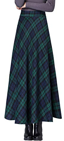 Artykey Jupe Longue Femme Hiver Vintage Élégant Taille Haute Carreaux Maxi Jupe Laine A-Ligne Plissée Skirt E Vert L