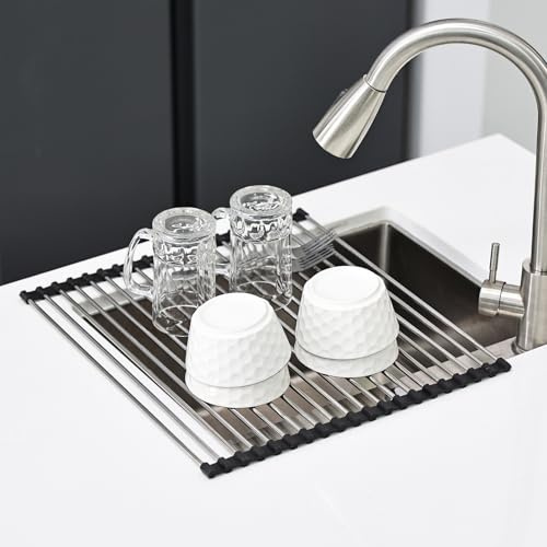 KitchenRaku Escurreplatos 43 x 40 cm | Escurridor de Platos para Fregadero | Acero Inoxidable 304/Silicona | Rejilla para Escurrir Tazas, Frutas y Verduras, Organizador Cocinero (Negro, 43x30cm)