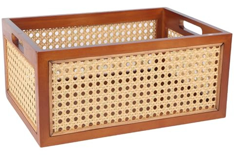 Wooden Storage Basket with Rattan Cane Webbing, Brown, Handles, Book, Office, Desktop Basket