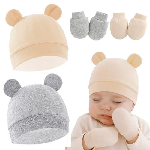 JYNXOR 2 Sets Neugeborenes Baby Mütze Hut und Handschuhe Set Beanie Bekleidung Unisex Infant Hut Kindergarten Mütze Baby Jungen Mädchen 0-6 Monate(Apricot, Grau)