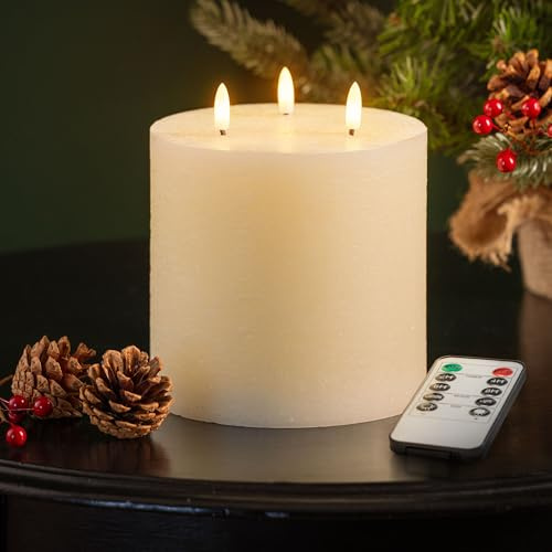 Christow 3 Wick Flameless LED Candle with Remote Control, Real Cream Wax, Battery Powered with Timer, Brightness & Flicker/Steady Glow, Flickering Warm White LED Flames, Safe Home Decor, H15cm x Ø15cm