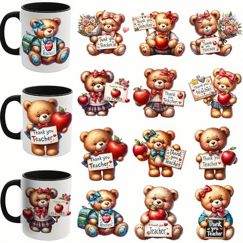 12pcs Thank You Teacher Bear Apple UV DTF Cup Wraps Transfer Waterproof Sticker for Glass Cups Furniture Craft DIY Crafts,Rub on Transfer Stickers for DIY Water Bottle Laptop Decal Wood Car