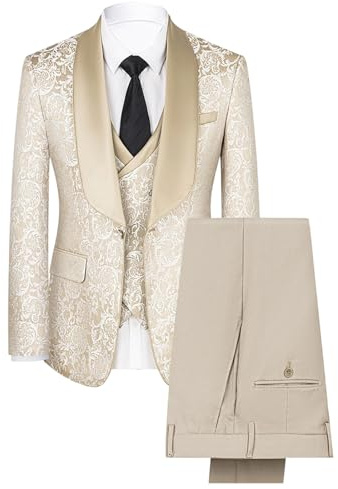 Trajes de Hombre Slim Fit, Esmoquin de 3 Piezas, Estampado Floral Cachemira, un botón, Corte Regular, Blazer, Chaqueta, Chaleco, Pantalones, Conjunto Boda, Beige, Talla pequeña