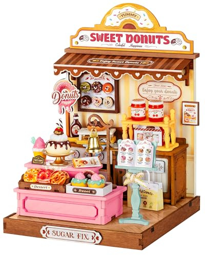 Rolife DIY Miniature House Kit Sweetie's Donut Shop, 141-Piece Model Kit Dolls House for Adults Teens No Glue Needed, 3D Puzzle Mini House Building Kit 2-Hour Assembly Book Nook Craft Kit