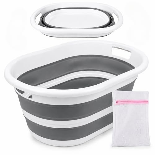 VELOSSIA Barreño Plegable 15L Silicona Resistente con Asas, Cubo Plegable Ropa, Cesto Ropa Multiusos, Incluye 1 Bolsa Ropa Delicada, Cesta Colada, Baño, Camping, Lavado a Mano