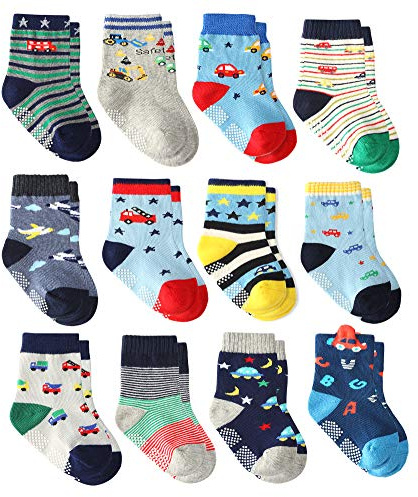 Cottock 12 Pares para Algodón Niños Pequeños Antideslizantes Calcetines, Algodón Calcetines Antideslizantes para Niños (12 pares super estrella, 3-5 años)