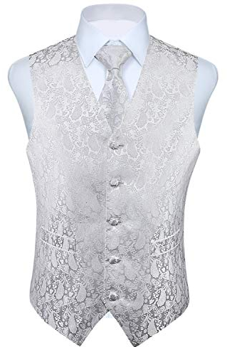 HISDERN Anzugweste für Herren Weiß Paisley Hochzeit Weste Krawatte Einstecktuch Jacquard Weste Herren Anzug Set Elegant Party Silber L