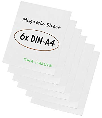 TUKA-i-AKUT 6x A4 Magnetfolie zum Beschriften und Zuschneiden, Flexibel Magnet Tafelfolie Magnetplättchen Gummimagnet, Werbelehrmagnet Magnetische Etikett Plakat, 6er Set Weiß, TKD9040-white-A4-6x