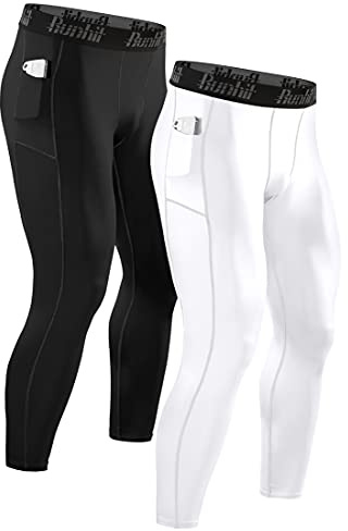 Runhit Running Tights for Men Compression Pants for Men Leggings with Pocket Running Pants Jogger Workout Winter Thermal Base Layer Black White 2 Pack Small