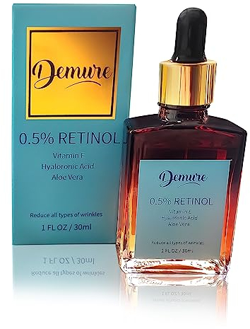 Demure Sérum rétinol 0,5 % avec acide hyaluronique, vitamines E, vitamine C et aloe vera, anti-rides, anti-âge, pour le visage et le décolleté, formule équilibrée 30 ml