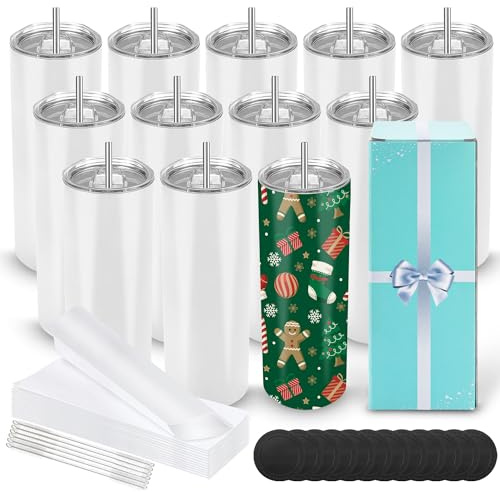D·S 12 Pack Sublimation Tumblers 20 oz Bulk Skinny Straight Flat Bottom Blank Tumbler Cups with Individual Gift Boxed for Heat Transfer DIY Craft