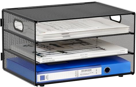EasyPAG 3 Compartimentos Metal Malla A4 Bandeja Archivador Organizador Papeles Soporte Documentos Clasificador Correo Almacenamiento Escritorio Estante Carta,Negro