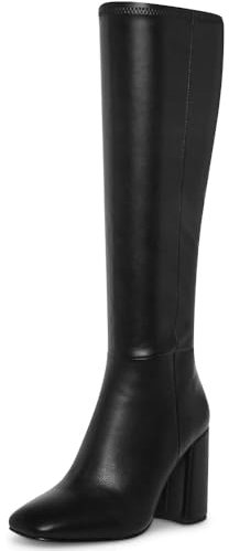 HEIFIN Black Knee High Boots for Women Faux Leather Tall Boots Chunky High Heel Square Toe Long Boots