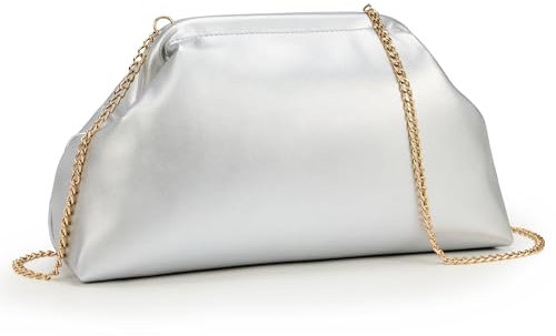 KALIDI Damen-Clutch, Kunstleder, Abendtasche, Knödeltasche, Handtasche, Geldbörse mit abnehmbarer Kette, Hochzeit, Schultertasche, Umhängetasche, silber