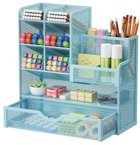 Marbrasse Netz Schreibtisch-Organizer,Multifunktionaler Stiftehalter mit Schublade,Aufbewahrung Regal für Schul Heim Büro Bedarf (Blau)