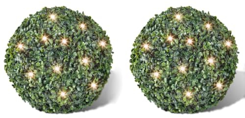 ILLUCIONE Weihnachtsdeko Aussen Beleuchtet, Buchskugel Ø 27cm Buchsbaumkugel+2xSolar Weihnachtsbeleuchtung für Weihnachtsdeko Outdoor Balkon Camping Zimmer Party Garten