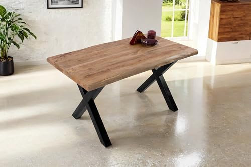 SAM Esstisch Cali | 120 x 80 cm | Mangoholz | Farbe: Natur/rau | X-Gestell Metall Schwarz | Massivholz mit echter Baumkante | pflegeleichter Baumkantentisch/Esszimmertisch