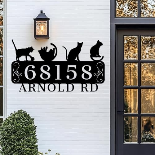 Personalized Home Number Plaque Funny Cats Metal Sign,Custom Street Address Signs for Front Door,Customized House Numbers Name Marker for Gate Fence Studio Yard Garden Birthday Gifts Wall Art Decor