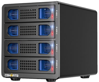 Festplattengehäuse, CENMATE 4 Bay RAID Gehäuse 5Gbps mit Lüfter für 2.5/3.5 SATA HDD/SSD, USB A/C 3.0＋eSATA Kabel, 3.5 Festplattengehäuse unterstützt 80TB Kapazität, 8 RAID Modi, DAS(NO NAS)