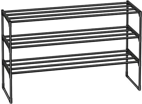 AMHANCIBLE Schuhregal 3 Ebenen, Schuhablage Metall, Schuhaufbewahrung, aufrecht oder umgedreht, stapelbar, für 16-20 Paar Schuhe, 93 x 30 x 56 cm, Schuhständer für Flur, Schwarz EHSRM03BK