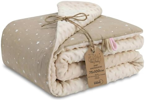 Babyfilt Mysfilt Vinter Vinterfilt 100x75 cm minky – dubbelsidig fleece bomull varm mjuk gosig barn nyfödd – barnvagnsfilt vändbar present spädbarn flicka Beige med vita stjärnor