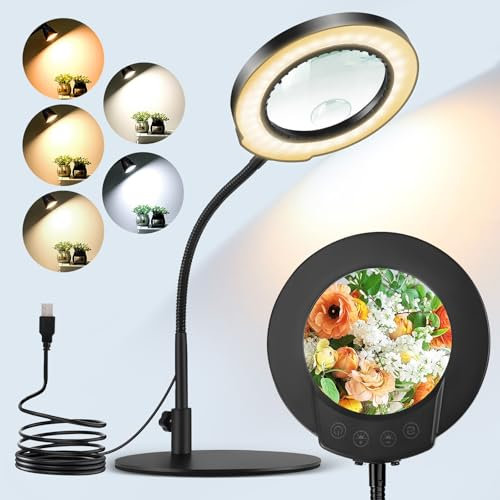 10X Magnifying Glass with Light and Stand, LED Lighted Desk Lamp with 5 Color Modes 9 Levels Brightness, Hands Free Flexible Gooseneck Magnifier with Light for Craft Painting Sewing Work Hobby