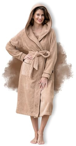 ELEVAVIDA Peignoir pour femme avec capuche en coton doux – Extra doux et confortable – Peignoir long en peluche pour sauna – Certifié OEKO-TEX, Cappuccino-Moka, L