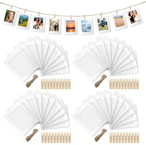 40 Pièces Guirlande Photo, Cadres en Carton, 11,5 x 15,5 Cm, avec 40 Clips et 4 Cordes en Jute, Décoration Murale à Suspendre à Monter Soi-Même, Convient pour les Décorations d’Anniversaire, Blanc