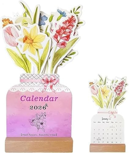 2026 Bloomy Flowers Calendario da tavolo | Calendario floreale creativo | Calendario floreale gennaio-dicembre 2026 estetico | Per pianificazione, forniture per ufficio, scuola, insegnanti, studenti