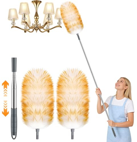 lammull dammvippa teleskop, dammtorkare med 2 utbytbara överdrag, långt utdragbart upp till 135 cm, fjäder damm för takfläktar, lampor och höga möbler