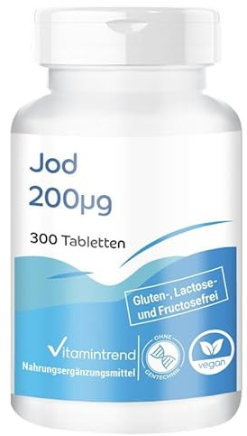 Vitamintrend Yodo 200μg, 300 comprimidos, 200μg por comprimido, alta dosis, complemento alimenticio vegano sin estearato de magnesio, fabricado en Alemania
