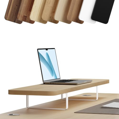 Desktronic Monitorställ Ek, Skrivbordshylla för Monitor och Laptop, 114 x 28 x 12,8 cm, 25 mm Eklaminat och Vita Stålben, 30 kg, Ek/Vitt