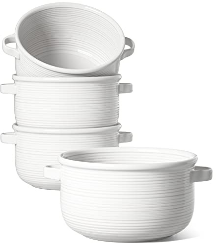 LE TAUCI Soup Bowls with Handles - 28 oz Lead-Free Ceramic French Onion Crocks, Oven and Microwave Safe, Heat-Resistant Design, Stackable, Dishwasher Safe, Set of 4, White
