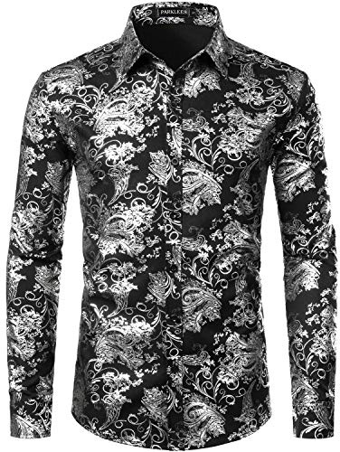 PARKLEES - Camisa de ocio de lujo para hombre con estampado Paisley dorado brillante, ajuste entallado, negro/plateado, XXL
