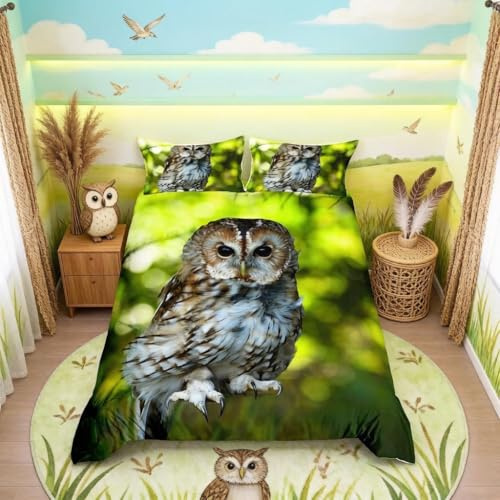 Loussiesd Owl Bedding Set Boho Owl Duvet Cover Set for Kids Boys Girls Boho Exotic Style Comforter Cover Tree Botanical Branches Print Quilt Cover Bedroom 3Pcs Double