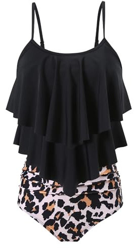 FLYILY Women Two Piece High Waisted Swimwear Tankin Sets Ruffle Ruched Bathing Suit Swimming Costume(2-BlackLeopard,XL)