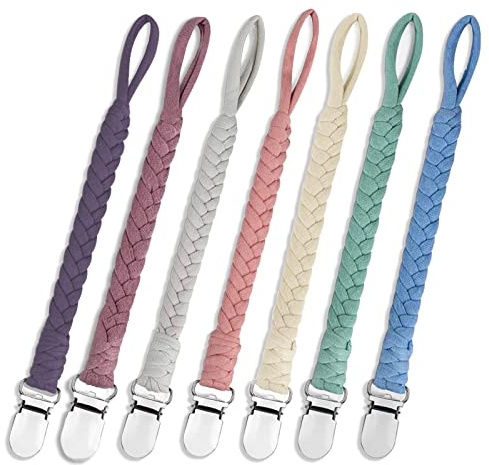 Duludulu 7 Pcs Braided Pacifier Clip Baby Girls for Boys, Handmade Cotton Pacifier Holder Binky Clips Fits All Pacifiers Modern Unisex Smoother Clip Baby Gifts