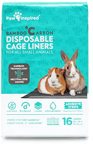 Paw Inspired Disposable Guinea Pig Cage Liners | Bamboo Charcoal Odor Controlling | Super Absorbent Liners Pee Pads for Ferrets, Rabbits, Hamsters, and Small Animals (36x18 (Wabbitat 37) - 16 ct)