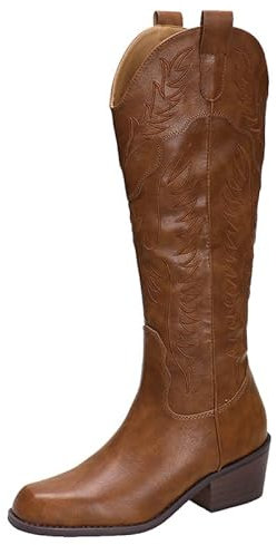 Stivali da Donna, Stivali Western con Tacco Grosso con Punta a Punta Ricamata Stivali da Cavaliere da Equitazione con Cerniera Laterale Vintage da Cowboy ​,Marrone,37 EU