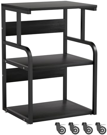 URLINE Großer Druckerständer mit 3-stöckigen Holzregalen, Mehrzweck-Schreibtisch-Organizer für Drucker, Scanner, Fax, Heimbüro, Verwendung mit Rädern, Schwarz