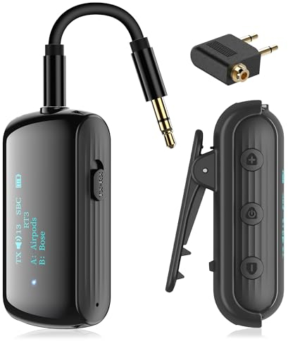 YOCOWOCO Bluetooth 5.2 Adapter für Flugzeug bis zu 2 Airpods/Kopfhörer, Audio Bluetooth Transmitter Klinke 3,5 für TVs und Fitnessstudios, Wireless Empfänger Splitter für Lautsprecher und Auto mit Mic
