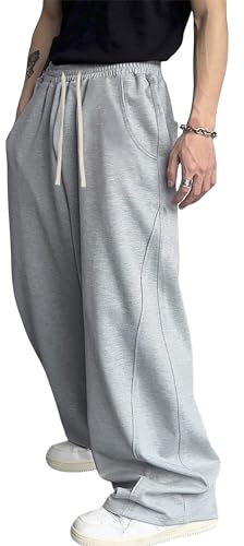 FCOOLYEET Mens Baggy Sweatpants Y2k Track Pants Drawstring Yoga Gym Workout Pants Wide Leg Long Pants Streetwear, Gray, Medium