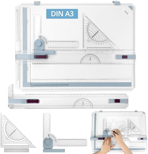 QWORK® Zeichenplatte DIN A3, Multifunktions Zeichenbrett Set mit Verstellbarem Mess und Präzisionswerkzeugen