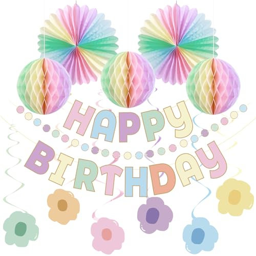 Pastel Birthday Decorations - Macaron Happy Birthday Banner with Honeycomb, Paper Fans, Flower Hanging Swirl Streamer, Pastel Party Decorations for Boys Girls