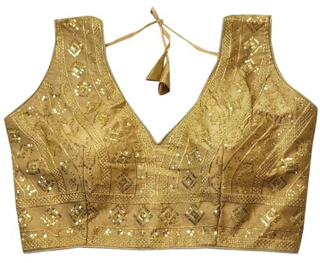 IMTRA FASHION Indisk färdig Tussar Silke Sari Blus för Kvinnor Crop Top Choli, Guld, 62