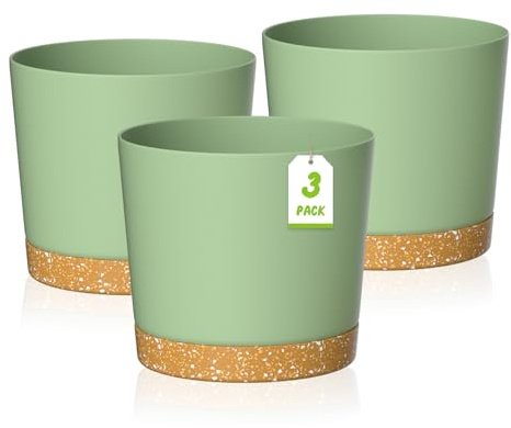 ZMTECH 30cm Plant Pots, Modern Planters with Drainage Holes and Detachable Saucer, Plastic Flower Pots for Plants for House Garden Windowsill (Set of 3, Green)