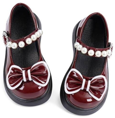 Toddler Girls' Ballet Princess Flats with Pearls and Bow Soft Sole Mary Jane Flats Princess Dress Shoes for Party Girls' Ballerina Flat School Red 9.5 UK Child