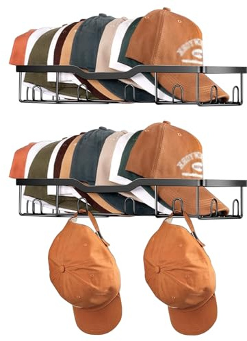 ZoeQide Porte Casquette Mural en Métal – Lot de 2 Supports Muraux pour 20 Casquettes – Rangement Casquettes Mur, Organisateur de Chapeaux et Snapbacks – Étagère Murale en Métal Noir
