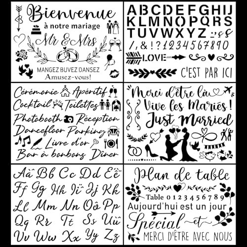 6 Feuilles 21.8*41.5cm Pochoirs Mariage Réutilisable Pochoir de Peinture Lettres Alphabet Chiffre Vive les Mariés Cœur Anneau Pochoir Dessin Décoration DIY pour Carte Panneau Livre d’Or Fête Mariage